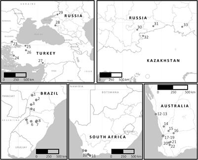 Virulence of Blumeria graminis f. sp. tritici in Brazil, South Africa, Turkey, Russia, and Australia